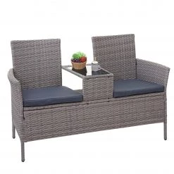 Poly-Rattan Sitzbank mit Tisch HWC-E24 - Hellgrau - Grau -Gartenbänke Verkäufe cf8754d7cef64393a4778afc13257236