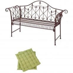 Gartenbank HWC-H78 Rost-Optik 2-Sitzer - 2x Sitzkissen grün