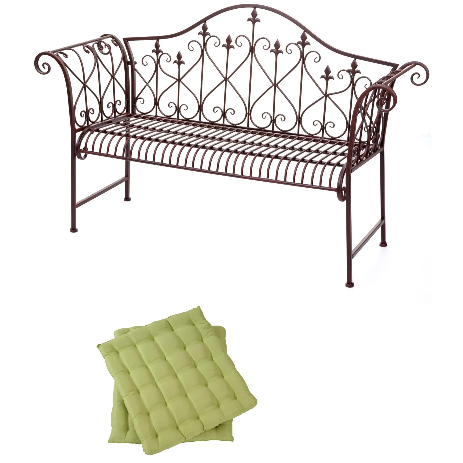 Gartenbank HWC-H78 Rost-Optik 2-Sitzer - 2x Sitzkissen grün 1 Gartenbank HWC-H78 Rost-Optik 2-Sitzer - 2x Sitzkissen grün